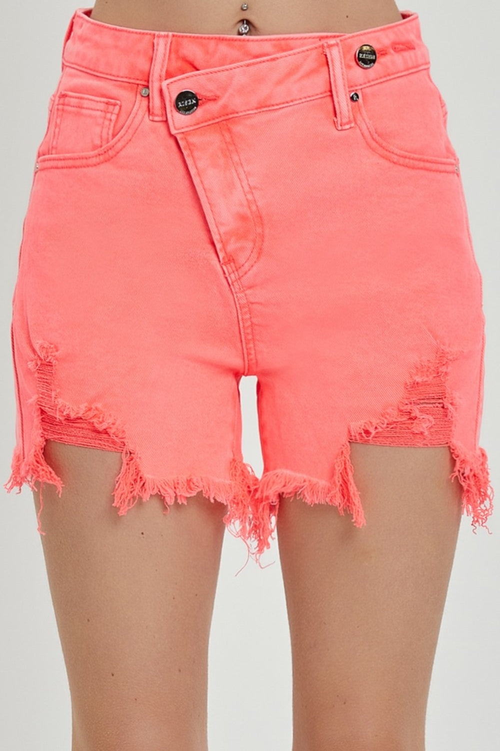 Risen Raw Hem Asymmetrical Waist Denim Shorts