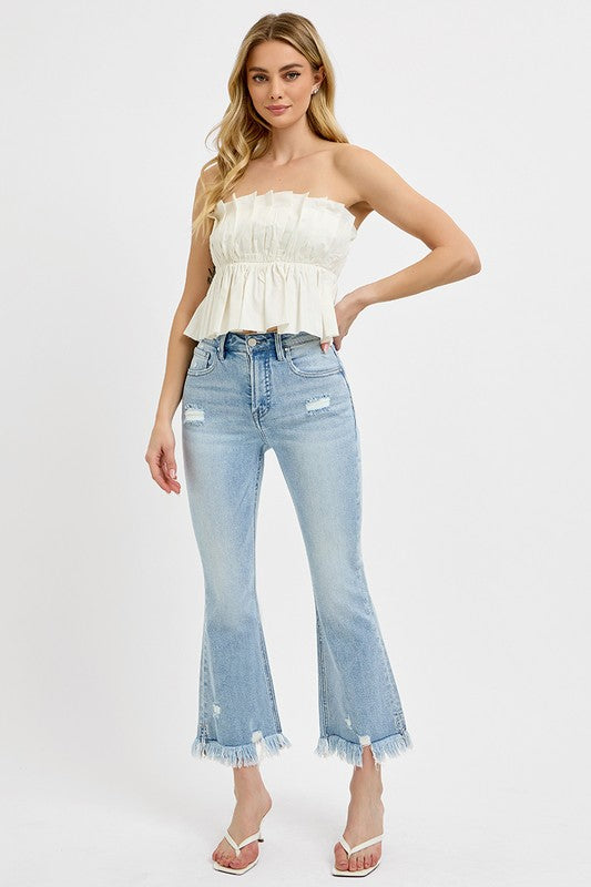 RISEN Raw Hem Distressed Cropped Flare Jeans