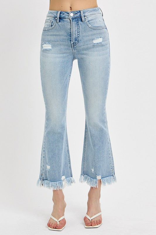 RISEN Raw Hem Distressed Cropped Flare Jeans