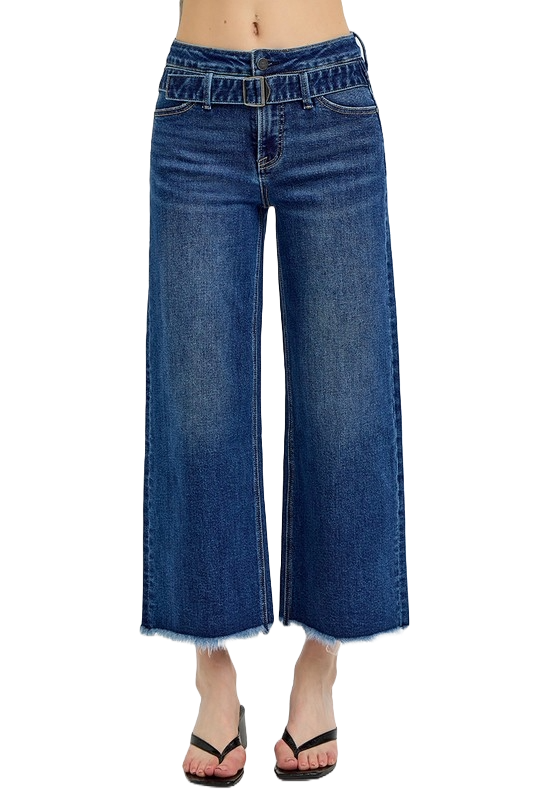 Risen Raw Hem Wide Leg Attached Buckle Jeans