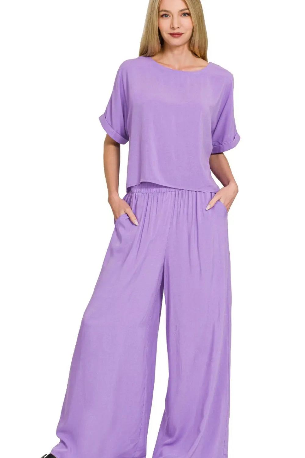 Round Neck T-Shirt & Wide Leg Pants Set – Zenana Comfy Lounge Outfit