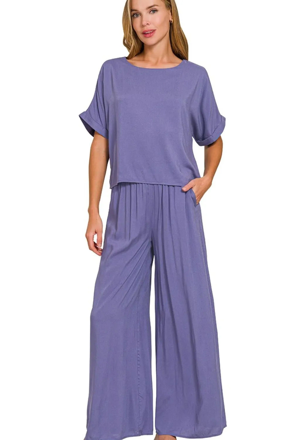 Round Neck T-Shirt & Wide Leg Pants Set – Zenana Comfy Lounge Wear