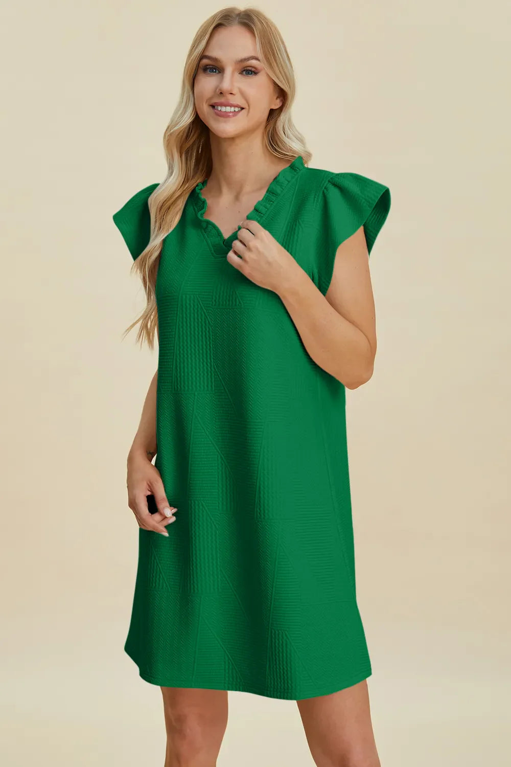 Ruffled V-Neck Cap Sleeve Dress – Feminine, Flowy & Flattering