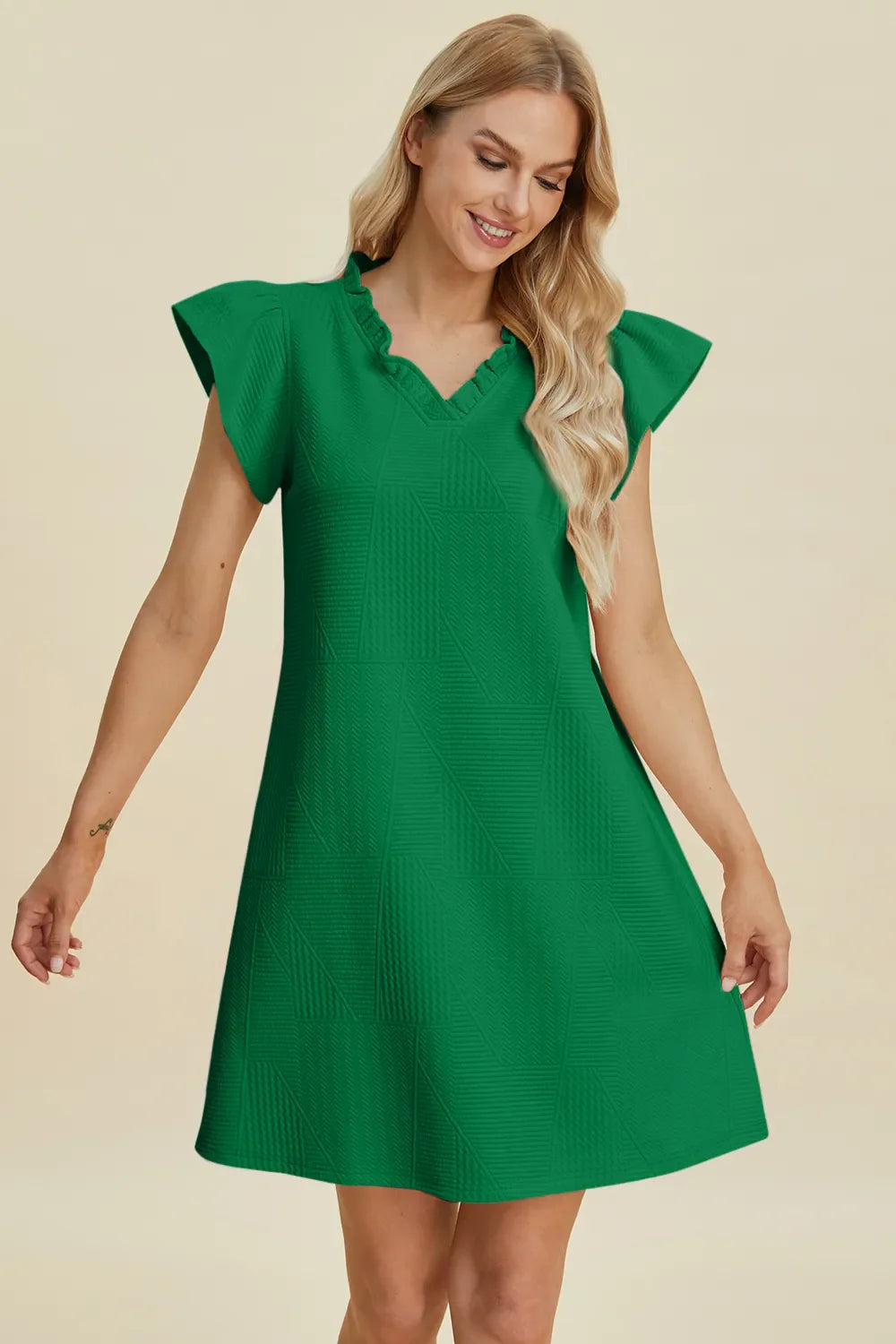 Ruffled V-Neck Cap Sleeve Dress – Feminine, Flowy & Flattering