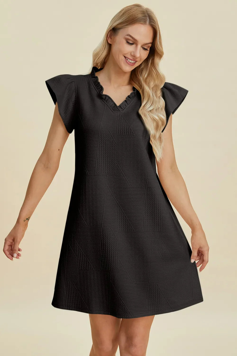 Ruffled V-Neck Cap Sleeve Dress – Feminine, Flowy & Flattering