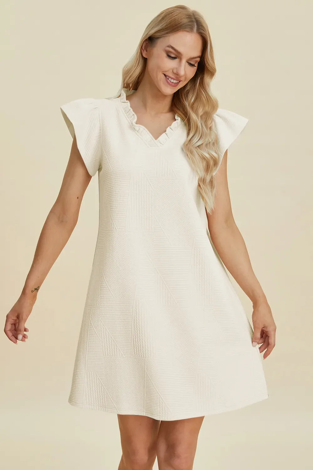 Ruffled V-Neck Cap Sleeve Dress – Feminine, Flowy & Flattering