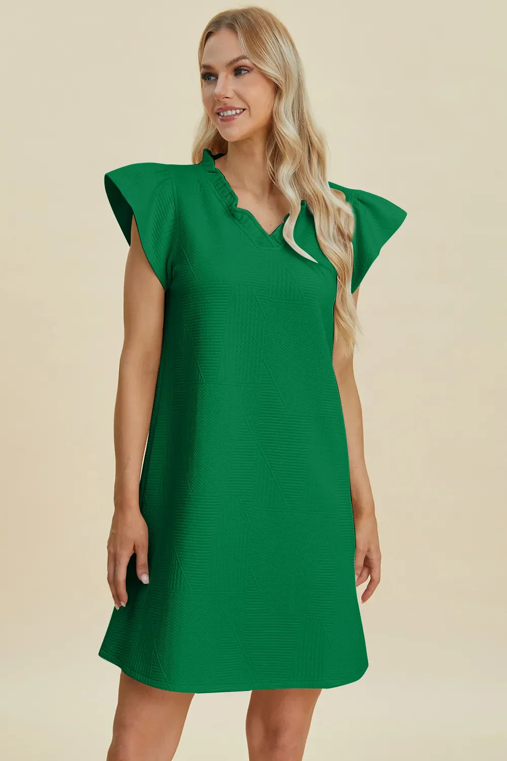 Ruffled V-Neck Cap Sleeve Dress – Feminine, Flowy & Flattering