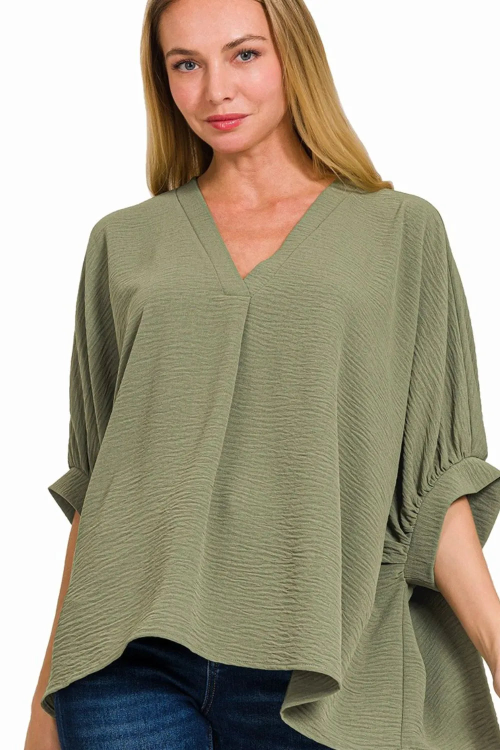 Sage Green V-Neck Blouse with Rolled Sleeves & Asymmetrical Hem