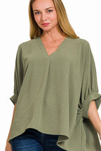 Sage Green V-Neck Blouse with Rolled Sleeves & Asymmetrical Hem