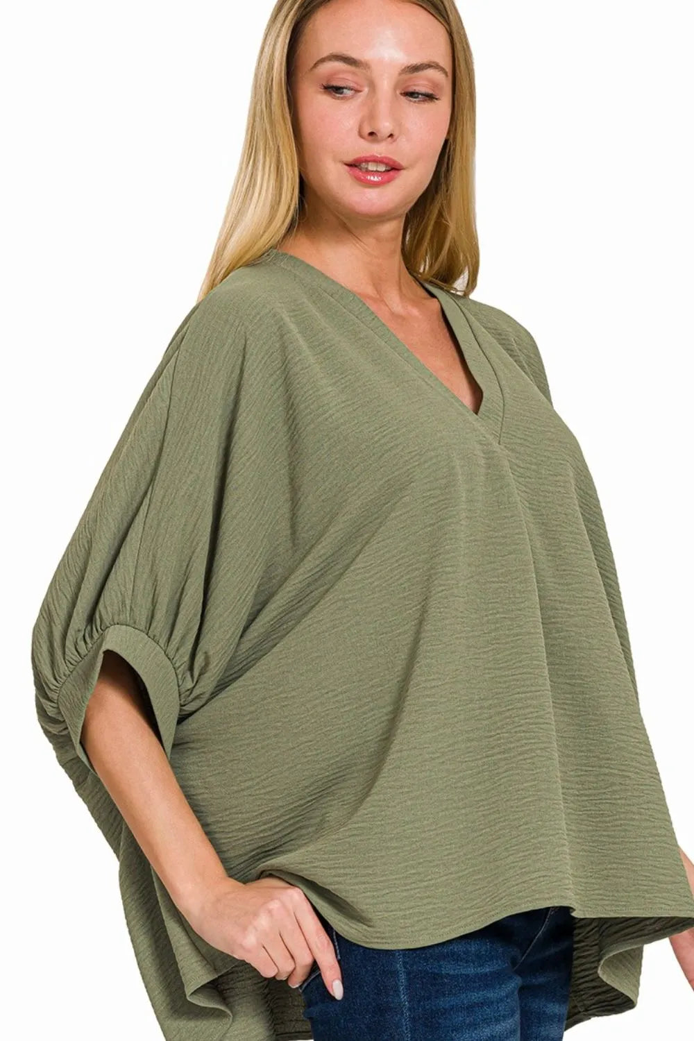 Sage Green V-Neck Blouse with Rolled Sleeves & Asymmetrical Hem