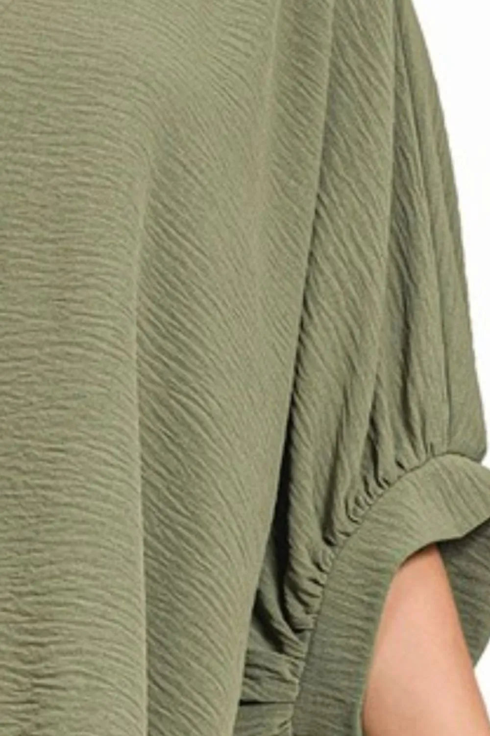 Sage Green V-Neck Blouse with Rolled Sleeves & Asymmetrical Hem