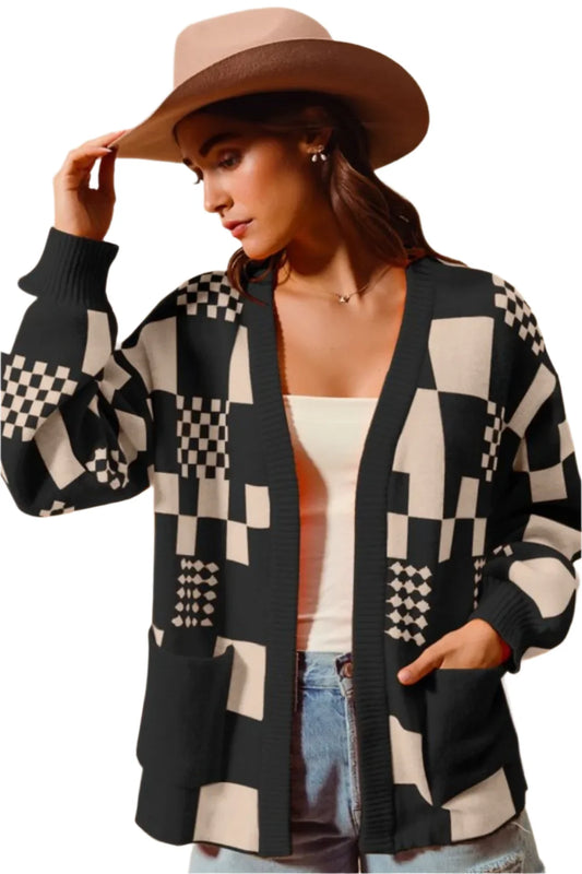 SO ME Checkered Open Front Cardigan with Pockets
