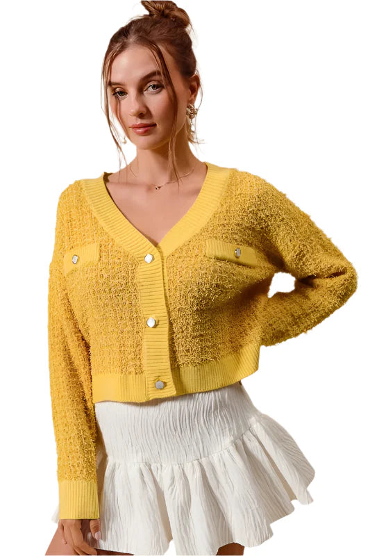 SO ME Frayed Tweed Knit Buttoned Front Cardigan