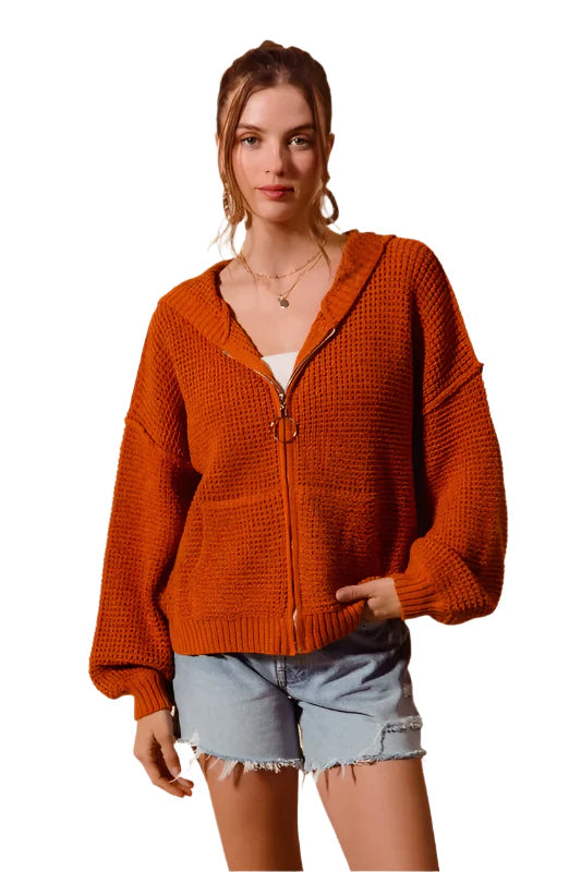 SO ME Front Zip Up Hooded Textured Cardigan