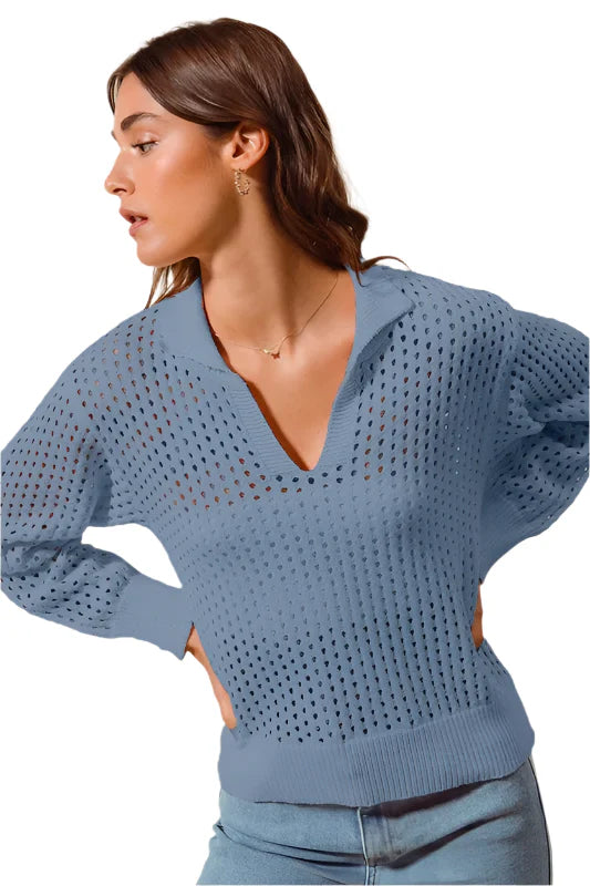 SO ME Open Knit Polo Sweater Top