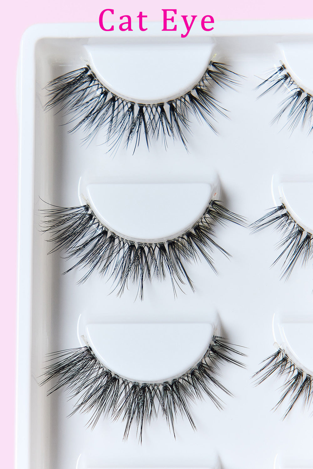 Cat-eye faux mink eyelashes tray with three visible lash pairs