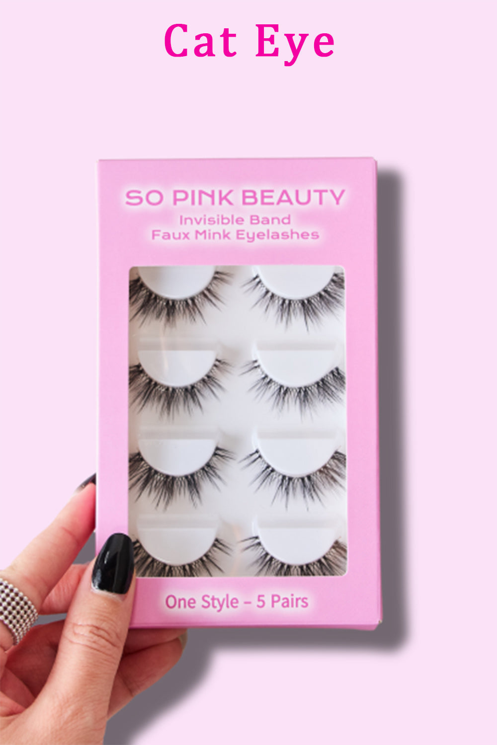 Cat-eye faux mink eyelash set with 5 reusable pairs in pink box