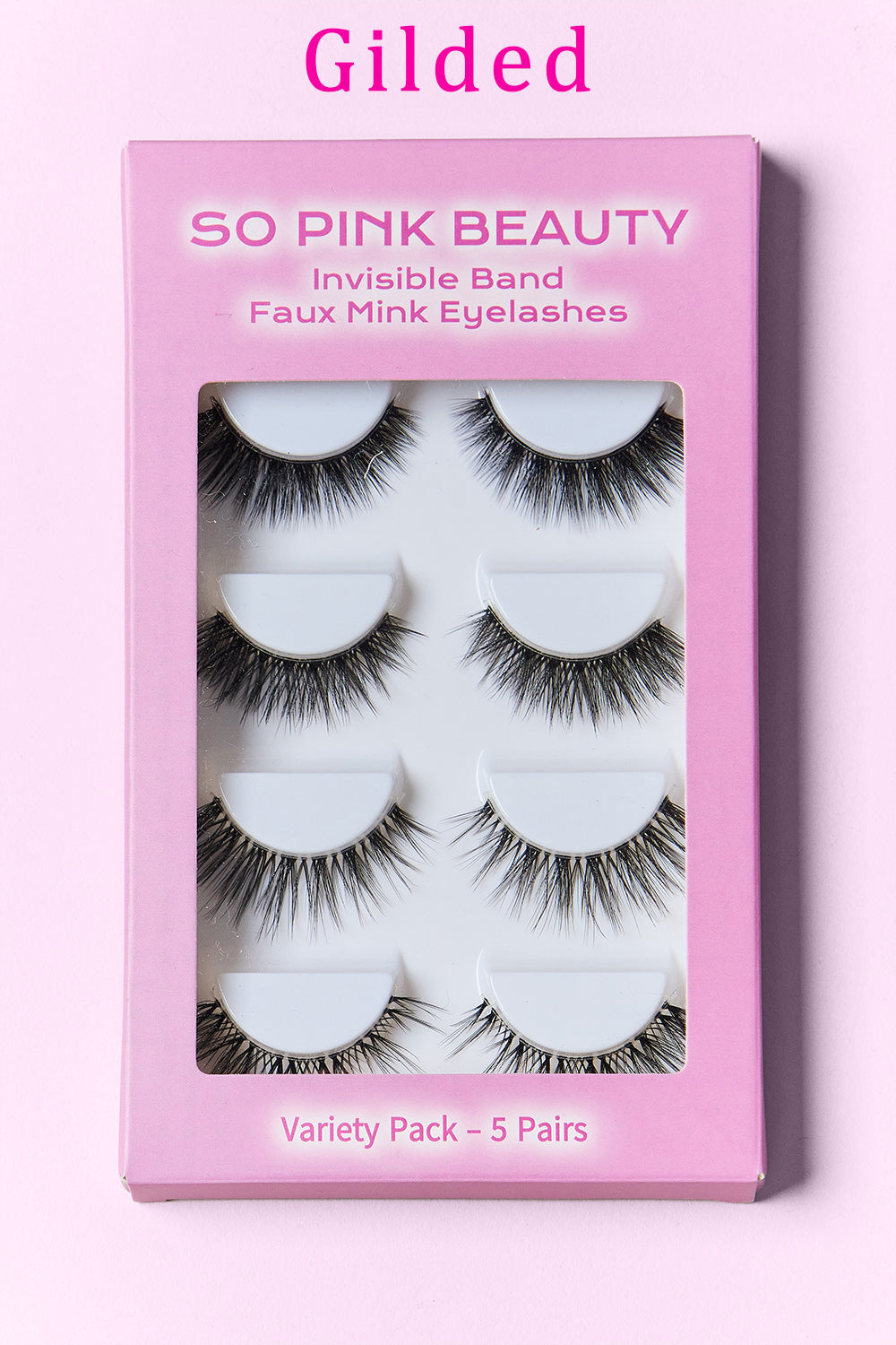 SO PINK BEAUTY faux mink false eyelashes box, variety pack with 5 pairs, Gilded