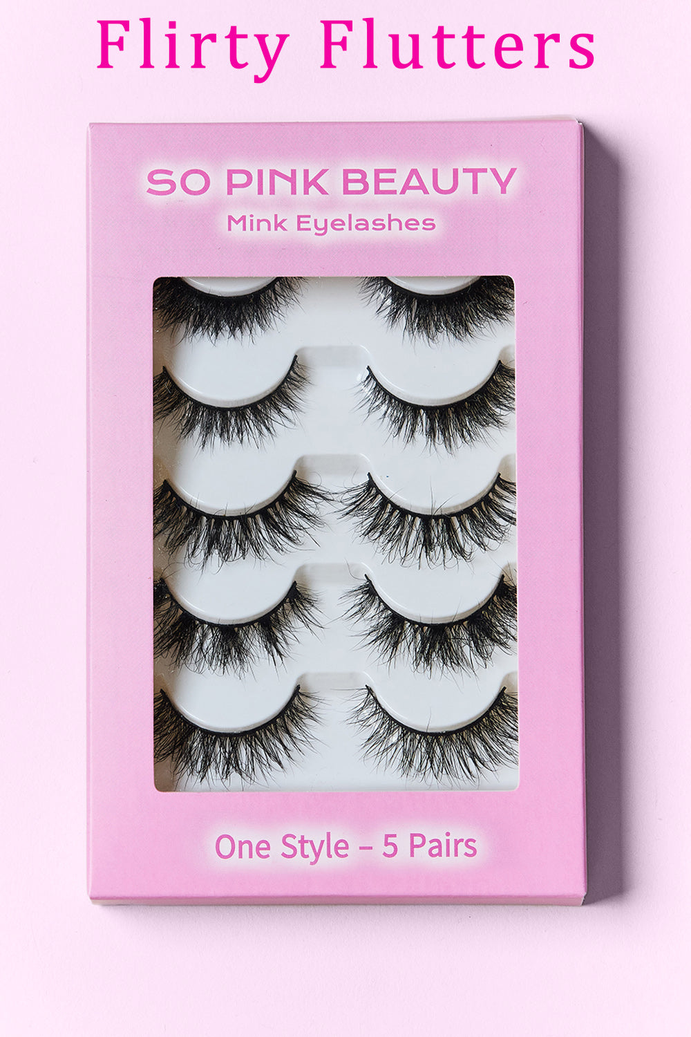Mink false eyelash set, Flirty Flutters, 5 pairs in pink packaging