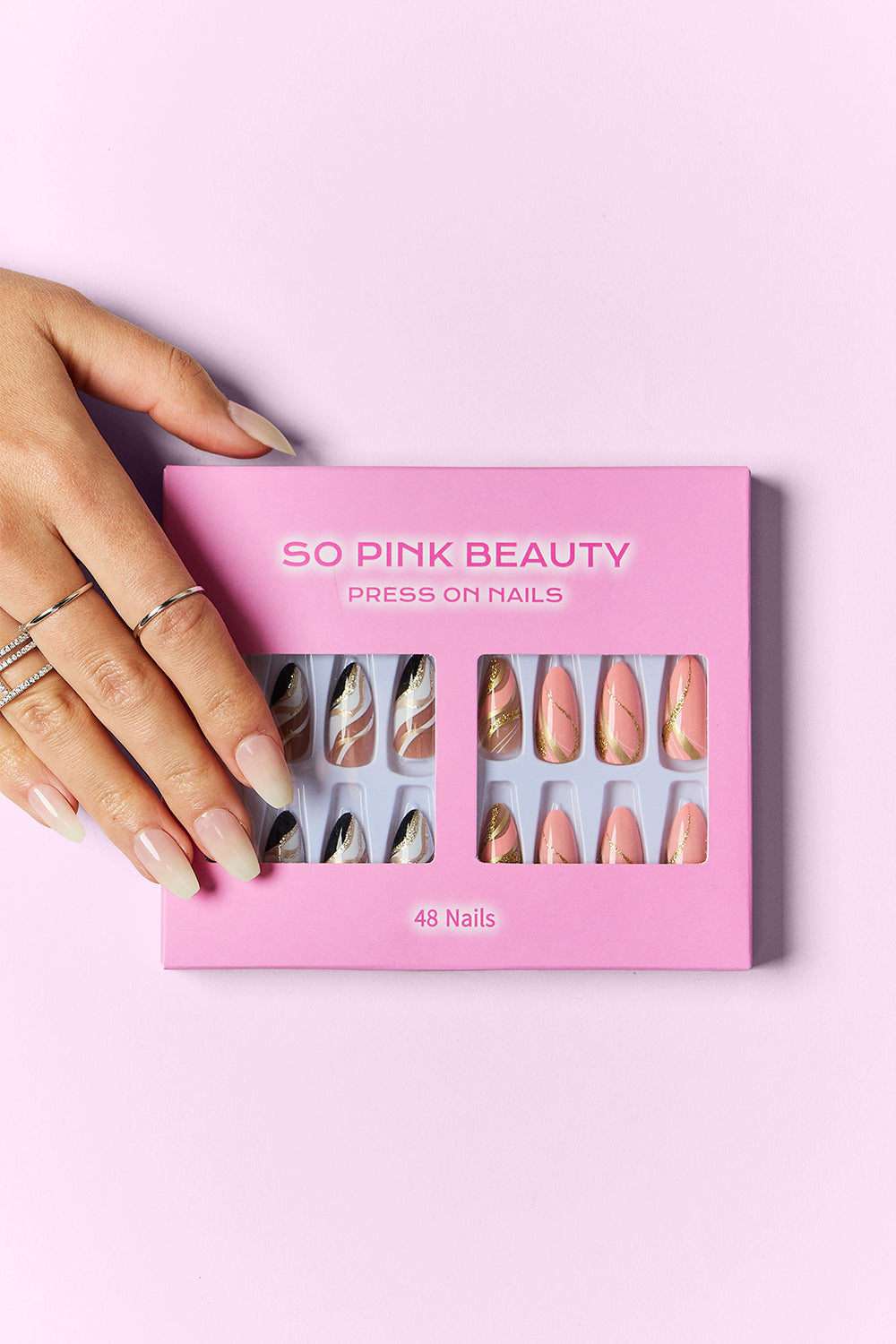 SO PINK BEAUTY press-on nails 2-pack in pink box with nail tip designs