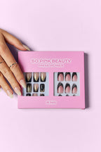 Press-on nail set box with black and gold glitter plus nude tips, 48 nails