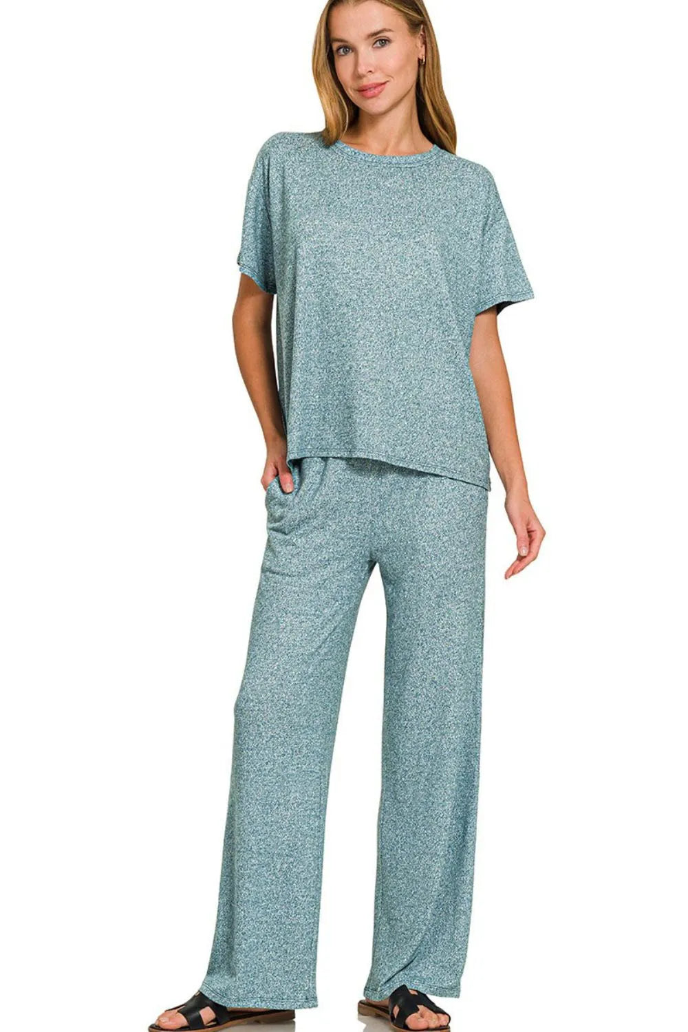 Soft Melange Lounge Set – Zenana Short Sleeve Tee & Long Pants
