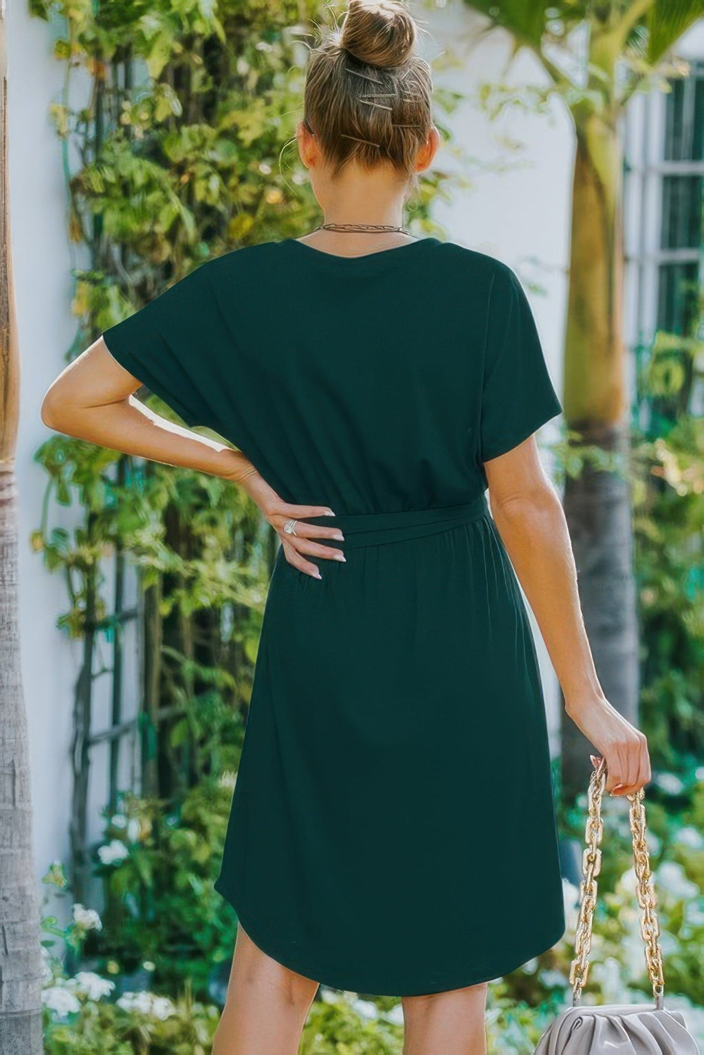 Solid A-Line Dress with V-Neck & Adjustable Waist — Effortless Elegance