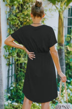 Solid A-Line Dress with V-Neck & Adjustable Waist — Effortless Elegance