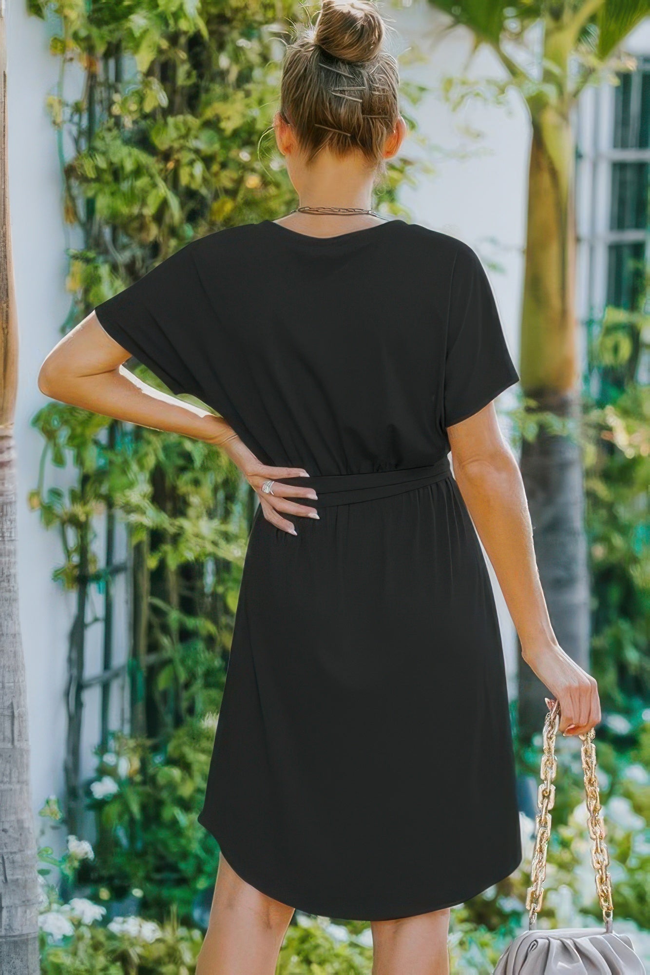 Solid A-Line Dress with V-Neck & Adjustable Waist — Effortless Elegance