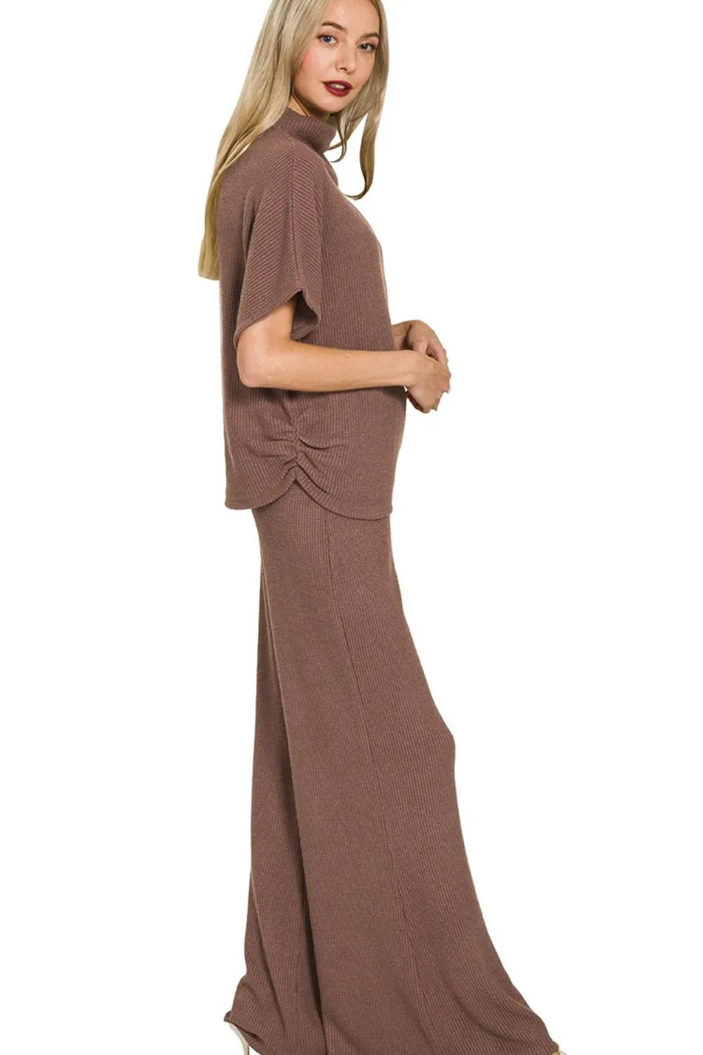 Taupe Knit Sweater Set — Mock Neck Top & Flared Pants, Effortless Chic