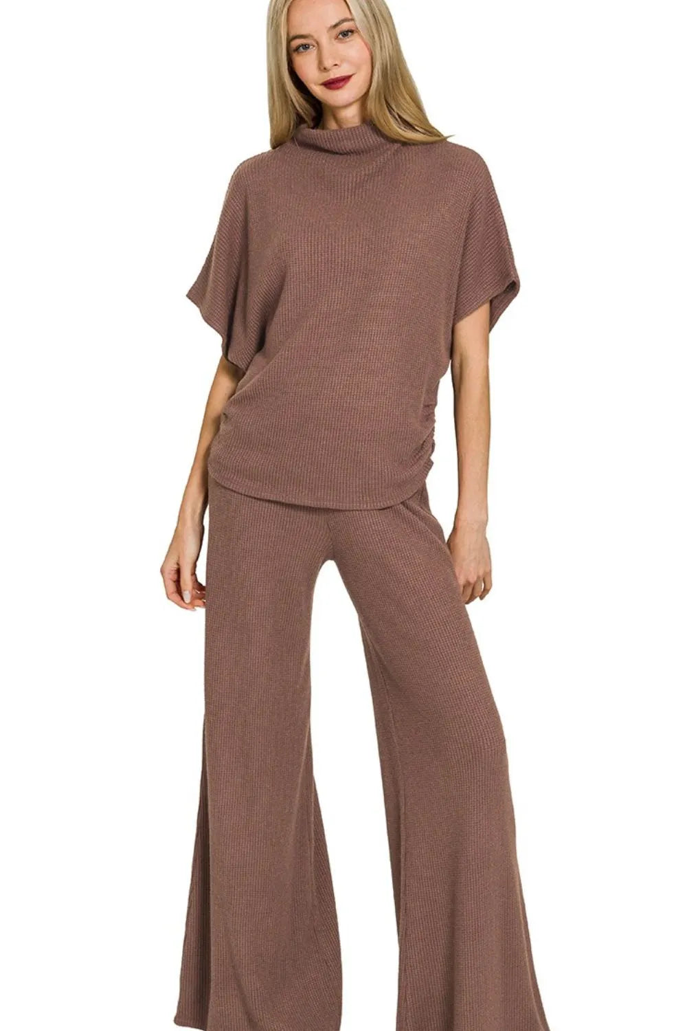 Taupe Knit Sweater Set — Mock Neck Top & Flared Pants, Effortless Chic