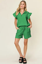Textured Flounce Sleeve Top & Shorts Set – Cute, Comfy & Stylish