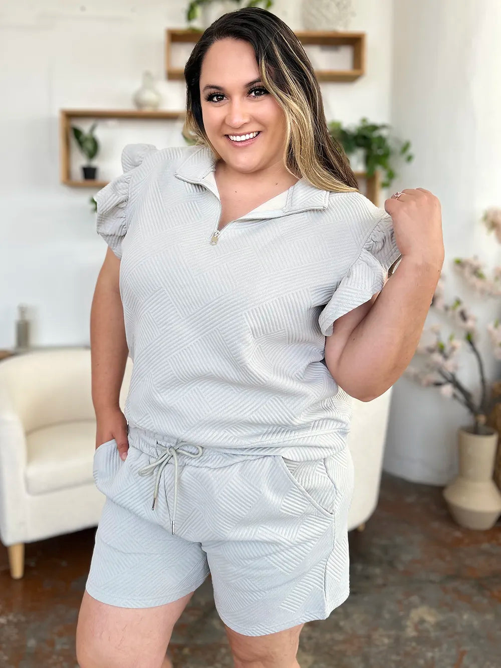 Textured Flounce Sleeve Top & Shorts Set – Cute, Comfy & Stylish
