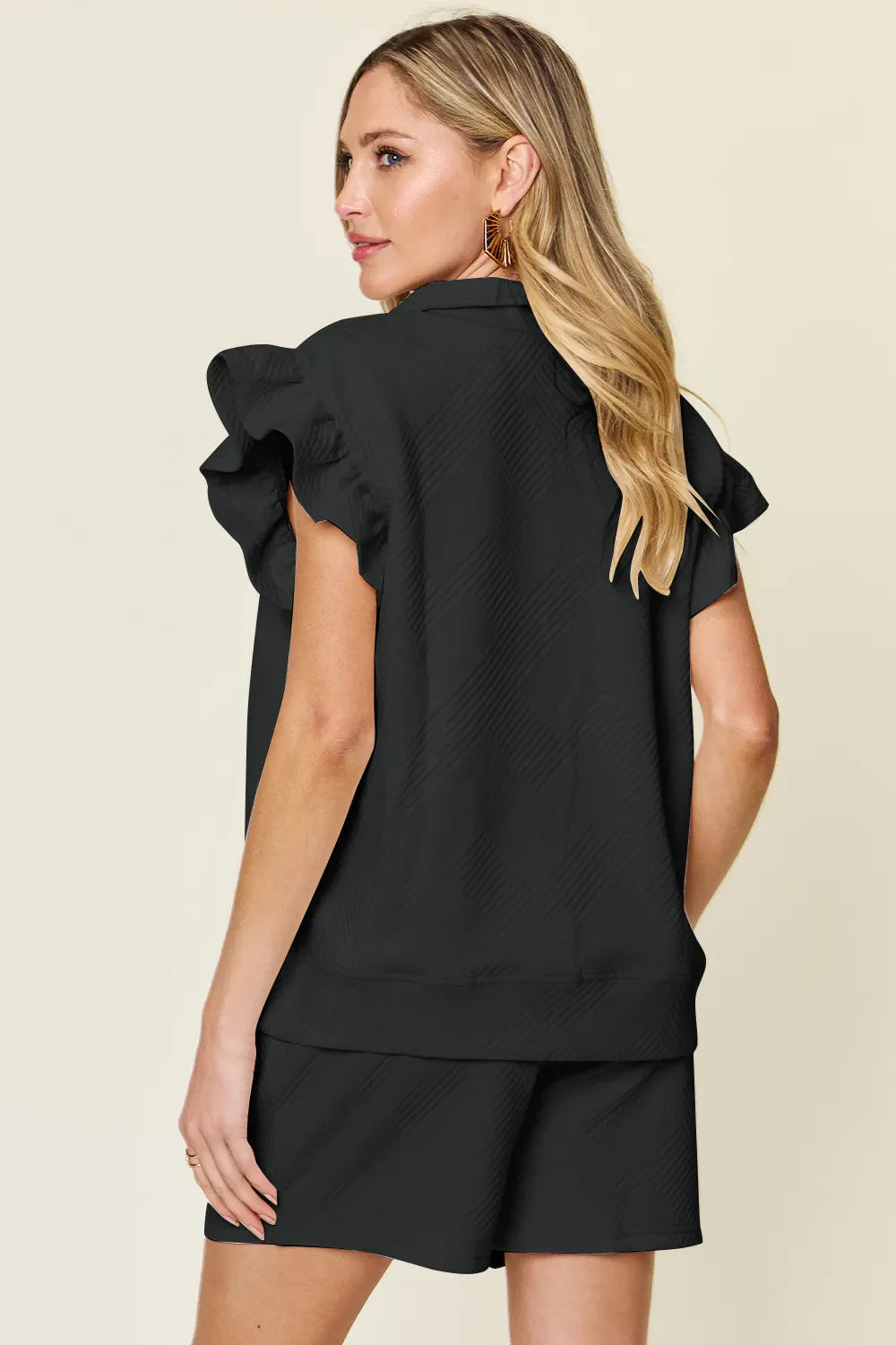 Textured Flounce Sleeve Top & Shorts Set – Cute, Comfy & Stylish