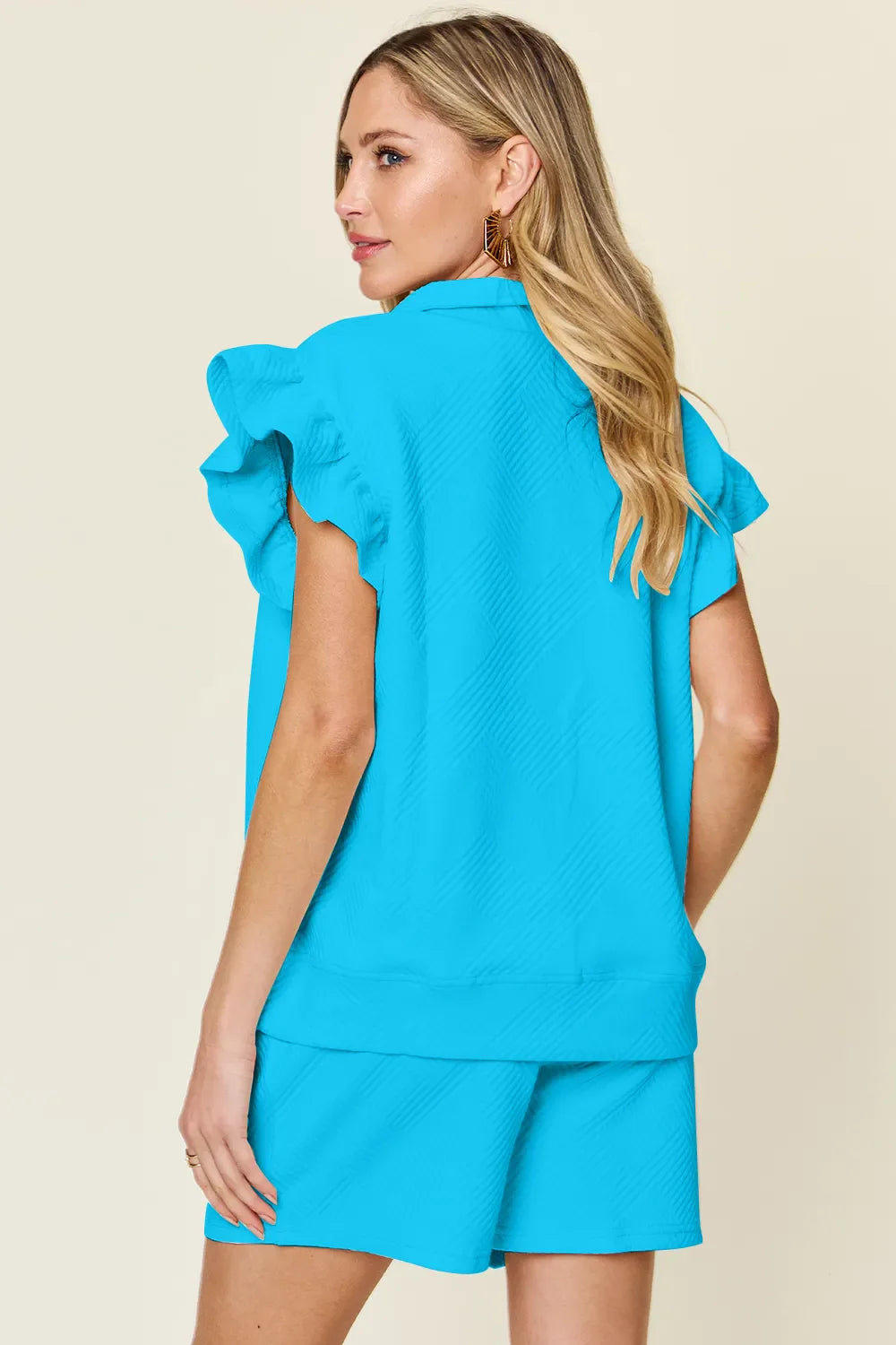 Textured Flounce Sleeve Top & Shorts Set – Cute, Comfy & Stylish