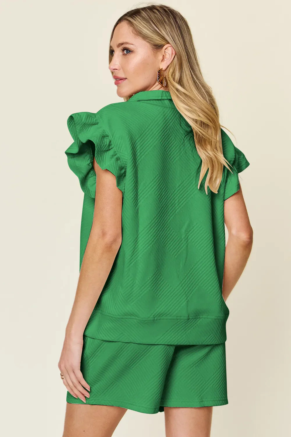 Textured Flounce Sleeve Top & Shorts Set – Cute, Comfy & Stylish