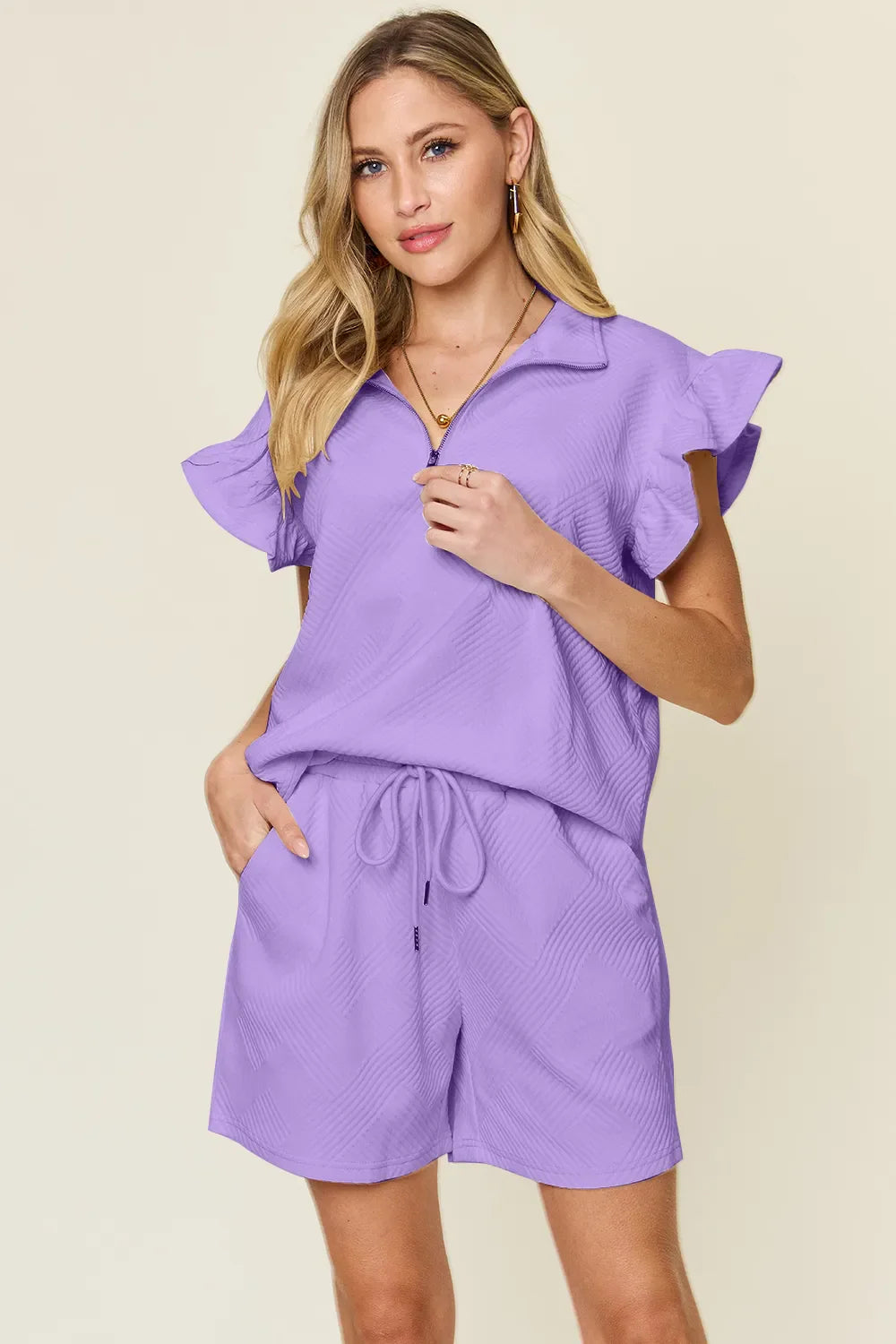 Textured Flounce Sleeve Top & Shorts Set – Cute, Comfy & Stylish