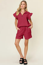 Textured Flounce Sleeve Top & Shorts Set – Cute, Comfy & Stylish
