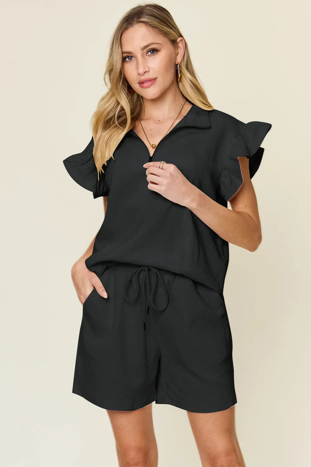 Textured Flounce Sleeve Top & Shorts Set – Cute, Comfy & Stylish