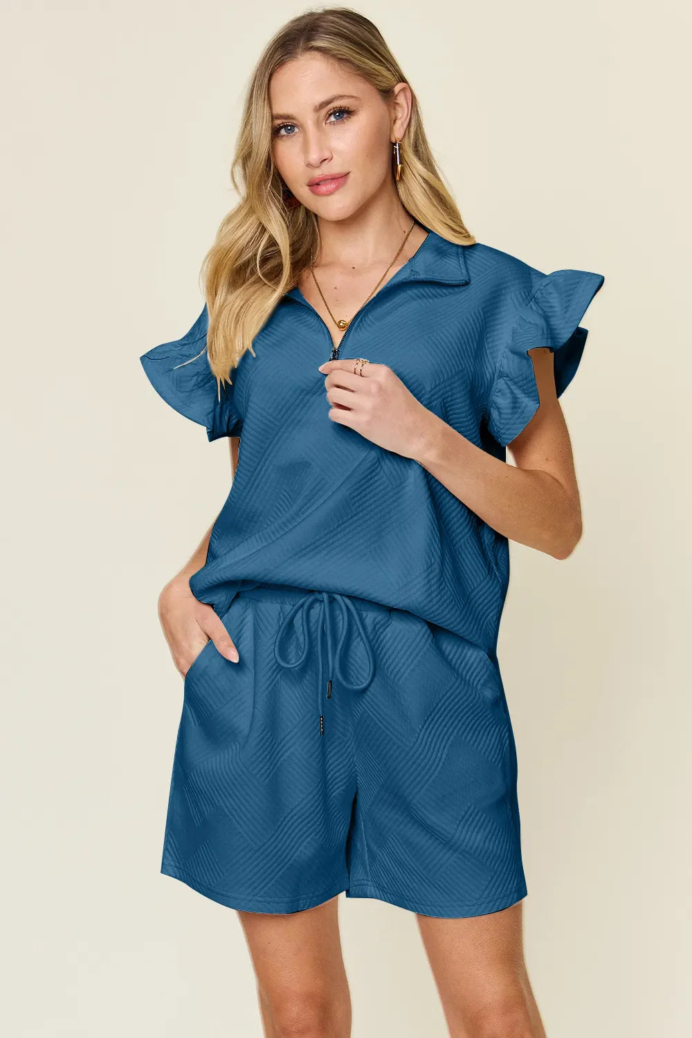 Textured Flounce Sleeve Top & Shorts Set – Cute, Comfy & Stylish