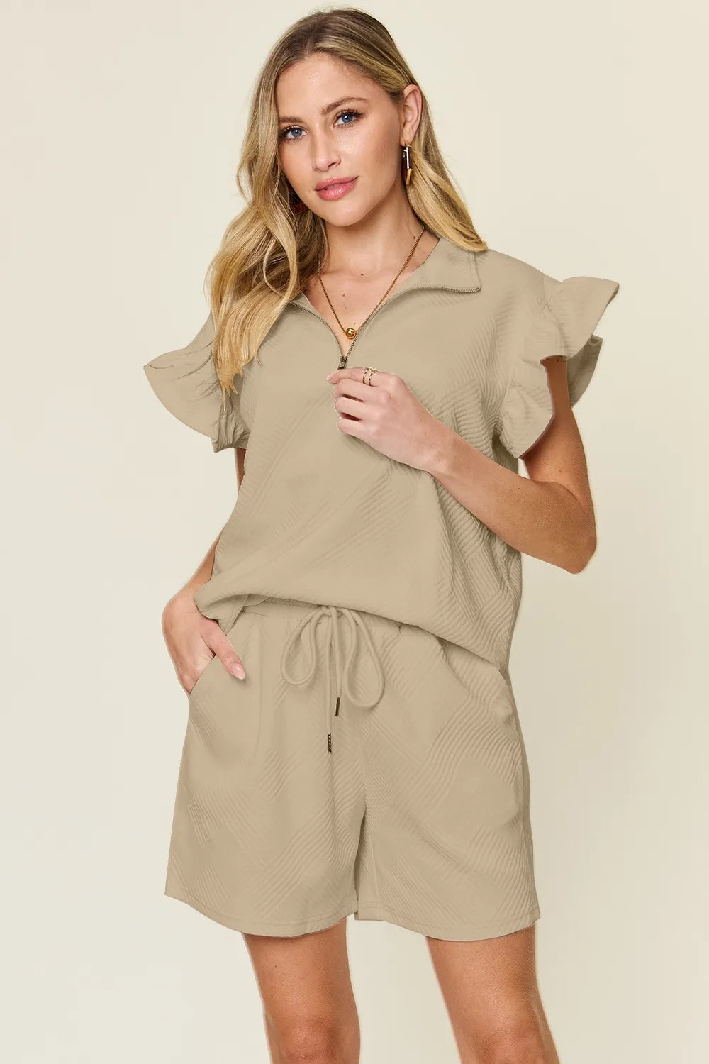 Textured Flounce Sleeve Top & Shorts Set – Cute, Comfy & Stylish