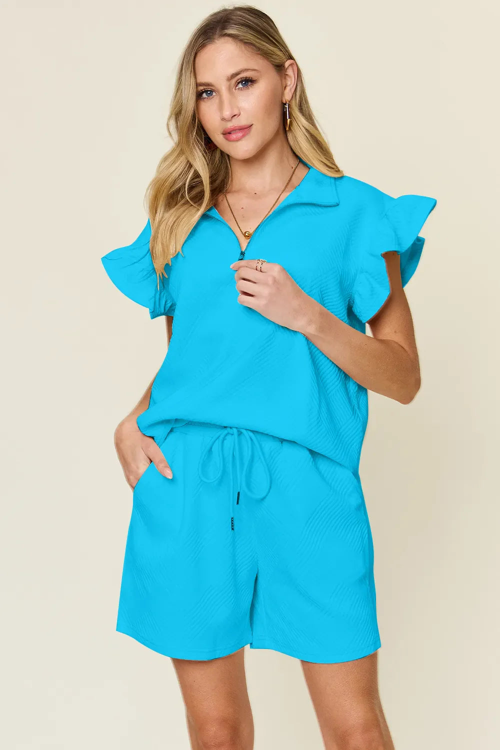 Textured Flounce Sleeve Top & Shorts Set – Cute, Comfy & Stylish