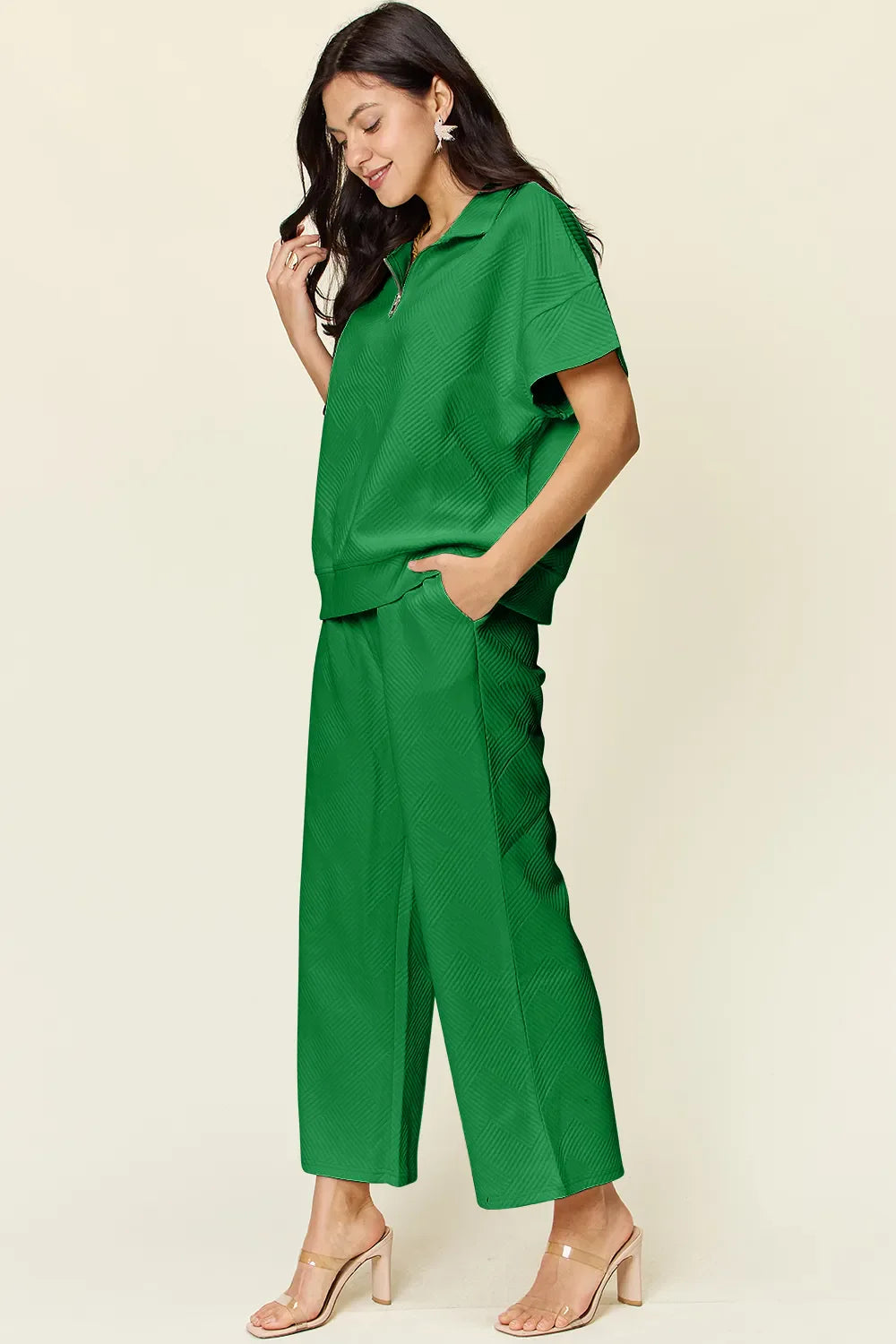 Textured Half-Zip Top & Pants Set – Casual, Chic & Comfortable