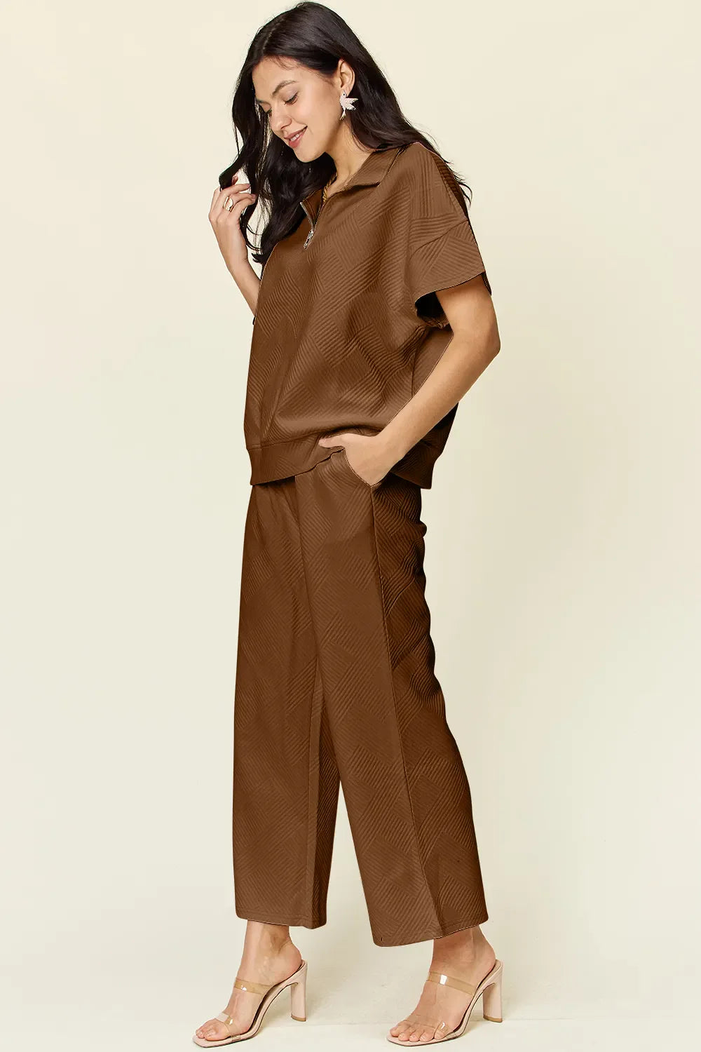 Textured Half-Zip Top & Pants Set – Casual, Chic & Comfortable