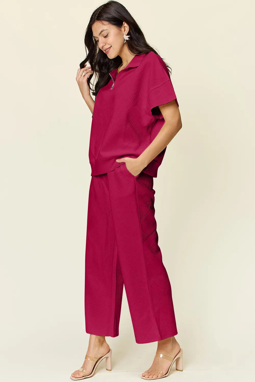 Textured Half-Zip Top & Pants Set – Casual, Chic & Comfortable