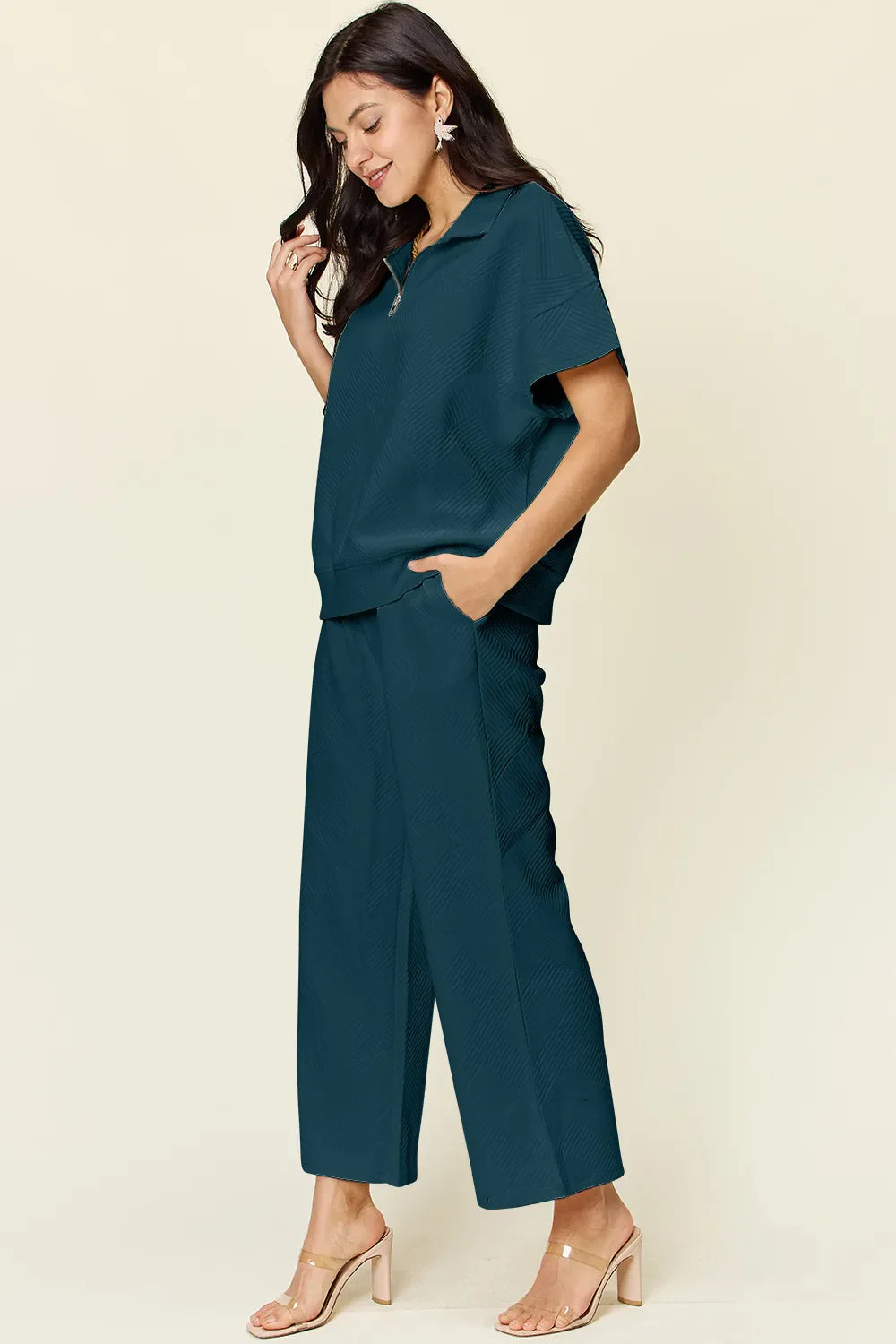 Textured Half-Zip Top & Pants Set – Casual, Chic & Comfortable