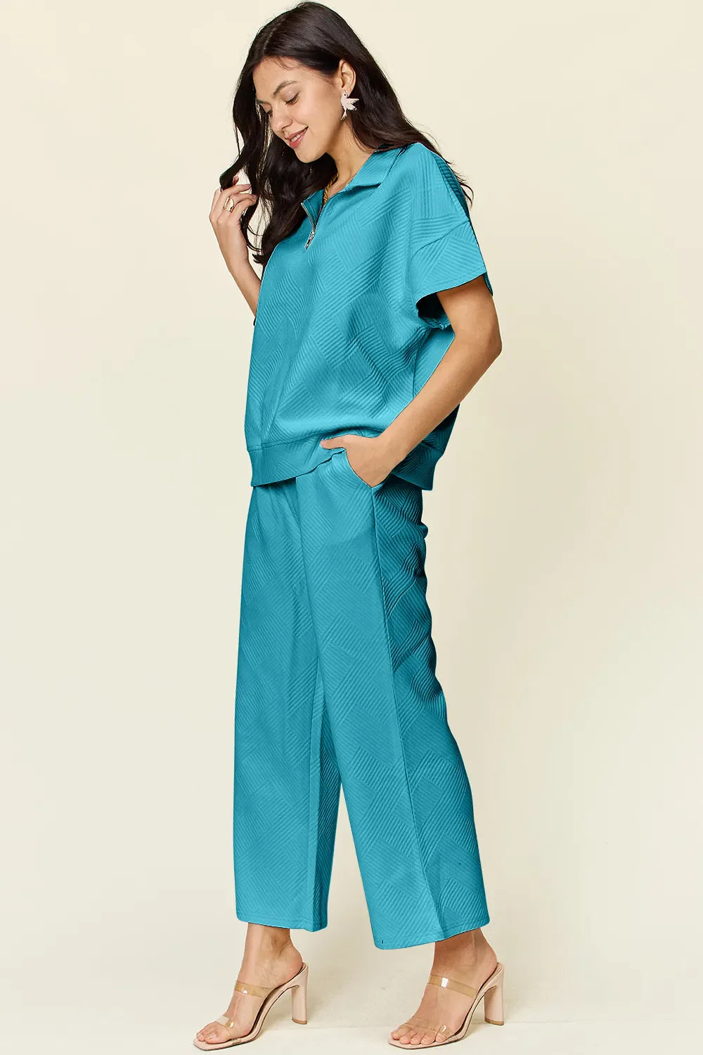 Textured Half-Zip Top & Pants Set – Casual, Chic & Comfortable