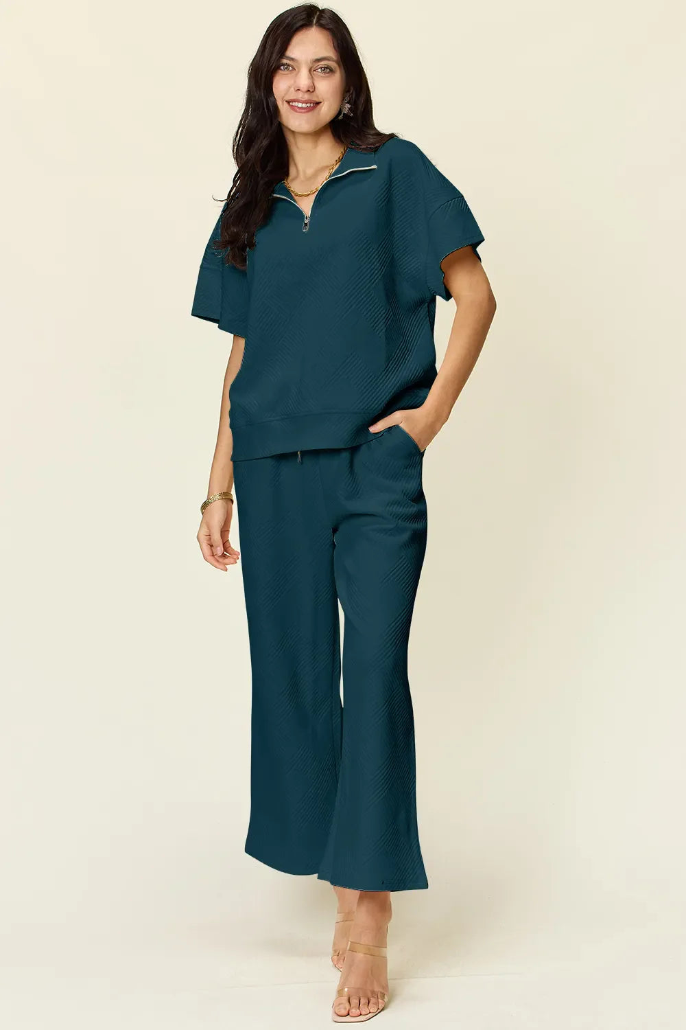 Textured Half-Zip Top & Pants Set – Casual, Chic & Comfortable