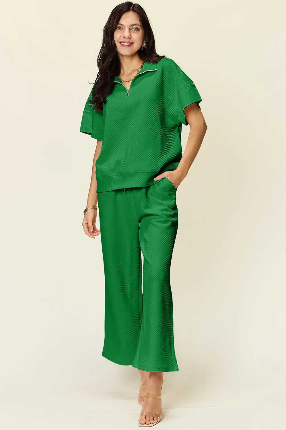 Textured Half-Zip Top & Pants Set – Casual, Chic & Comfortable