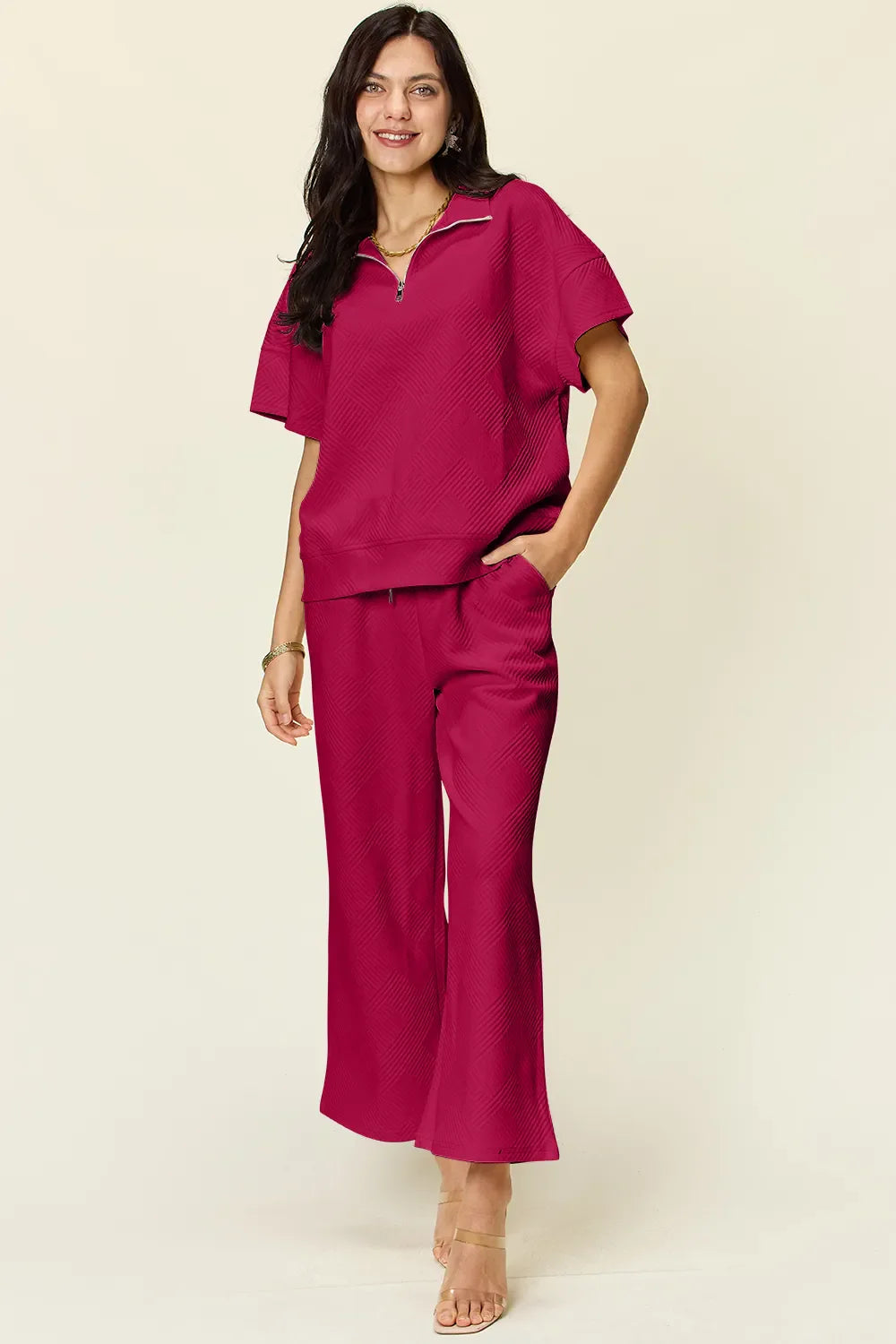 Textured Half-Zip Top & Pants Set – Casual, Chic & Comfortable